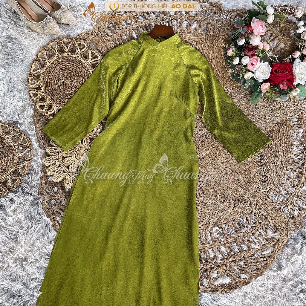 Áo dài cách tân nữ gấm xanh cốm dáng suông xưa Chaang may sẵn áo dài bầu xuông rộng dự tiệc cưới lễ tết đẹp ADC755