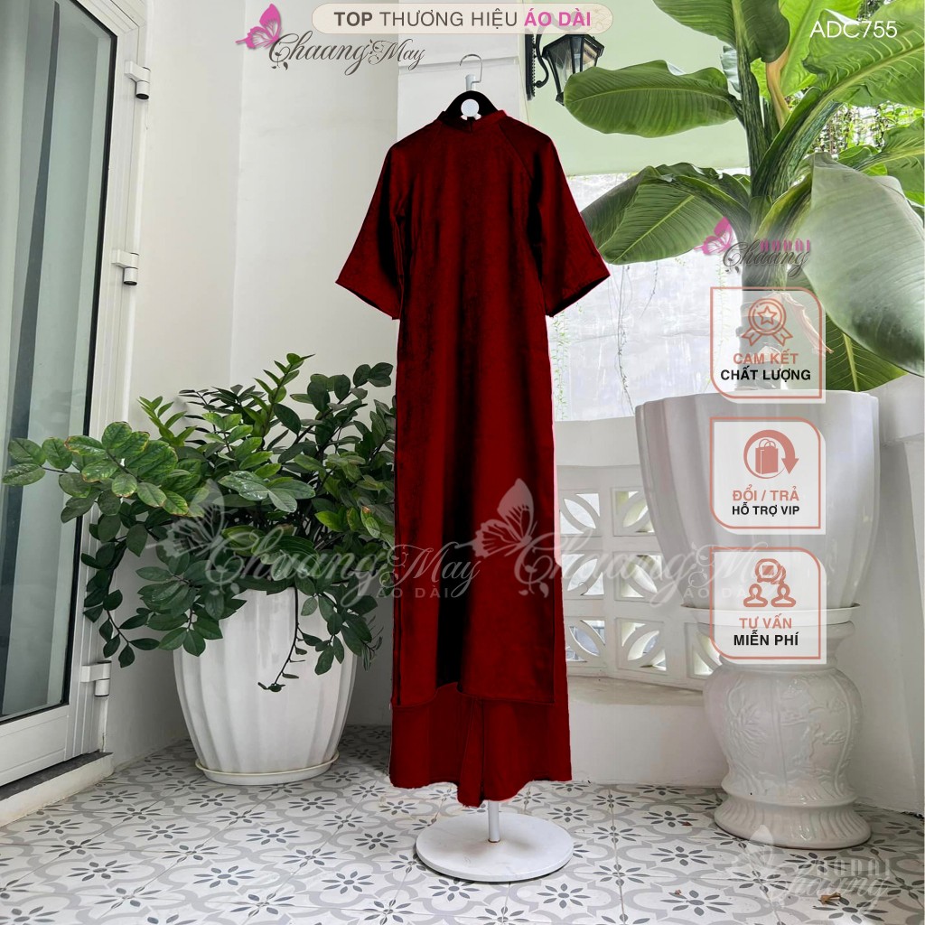 Áo dài cách tân nữ gấm đỏ tươi dáng suông xưa Chaang may sẵn áo dài bầu xuông rộng dự tiệc cưới lễ tết đẹp ADC755