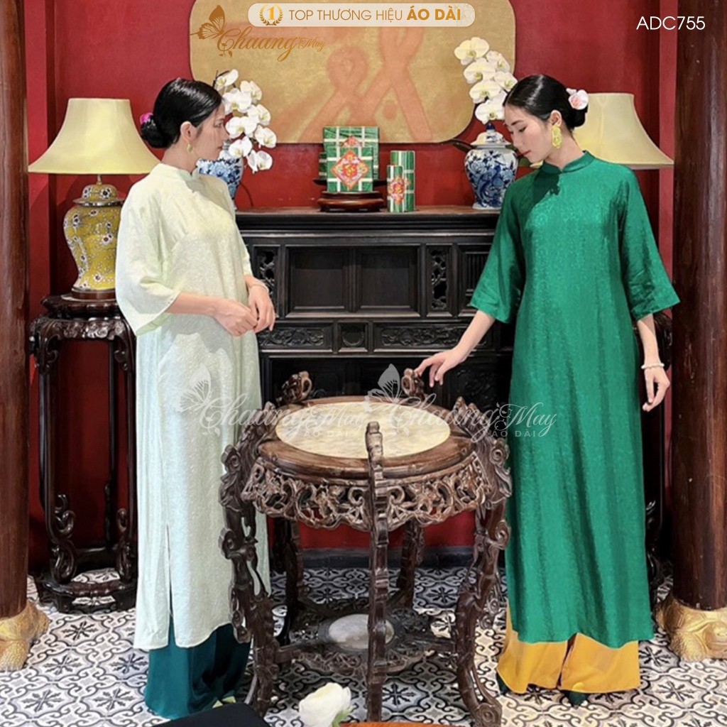 Áo dài cách tân nữ gấm xanh lá dáng suông xưa Chaang may sẵn áo dài bầu xuông rộng dự tiệc cưới lễ tết đẹp ADC755