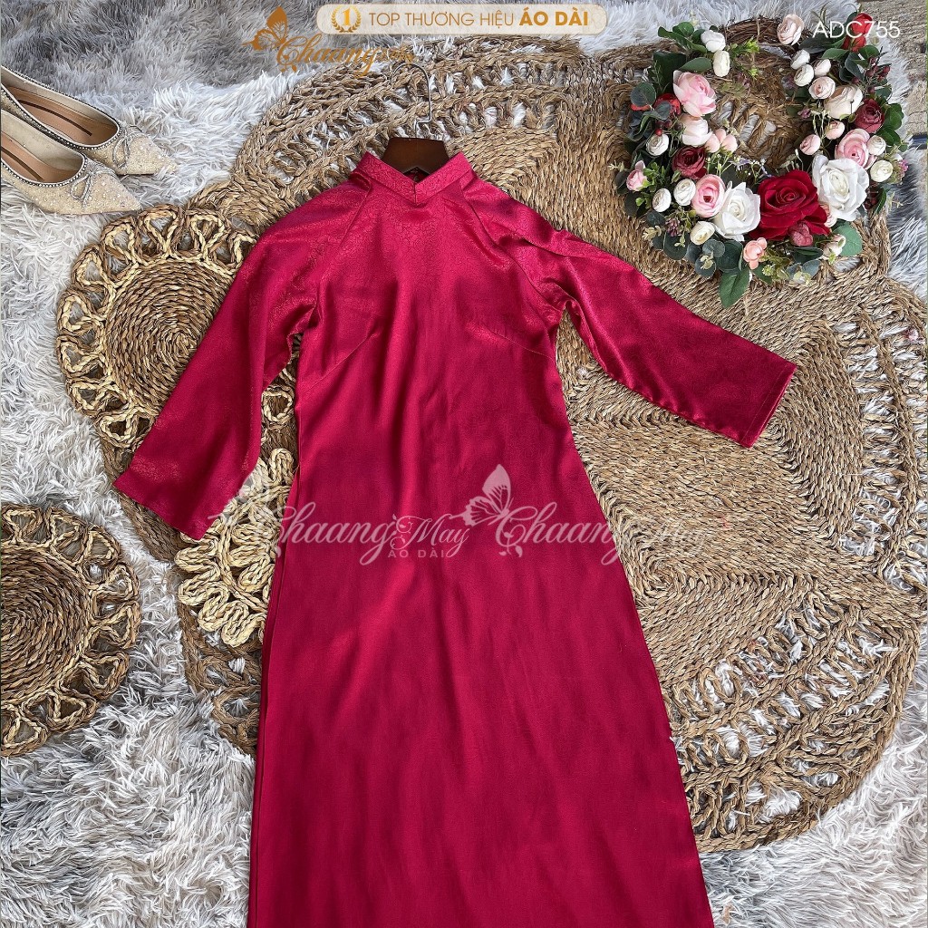 Áo dài cách tân nữ gấm đỏ tươi dáng suông xưa Chaang may sẵn áo dài bầu xuông rộng dự tiệc cưới lễ tết đẹp ADC755