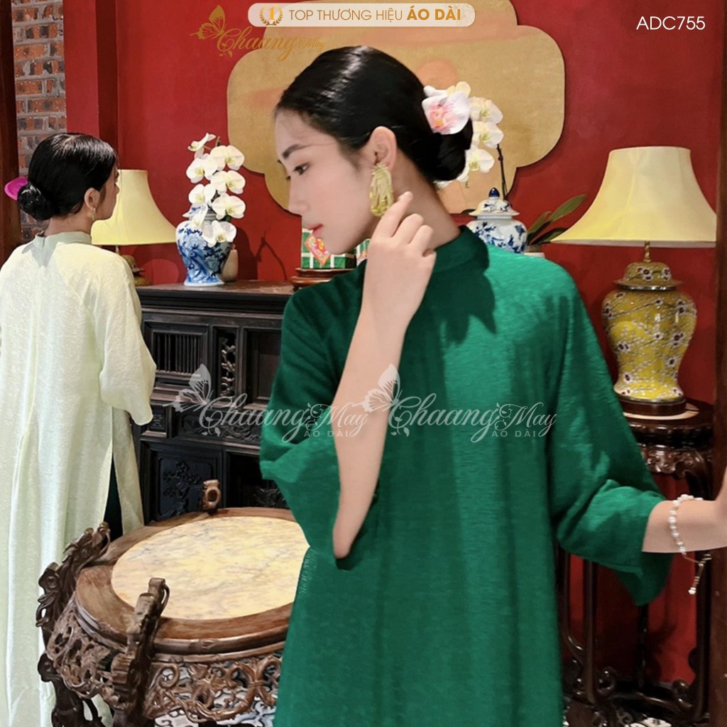 Áo dài cách tân nữ gấm xanh lá dáng suông xưa Chaang may sẵn áo dài bầu xuông rộng dự tiệc cưới lễ tết đẹp ADC755