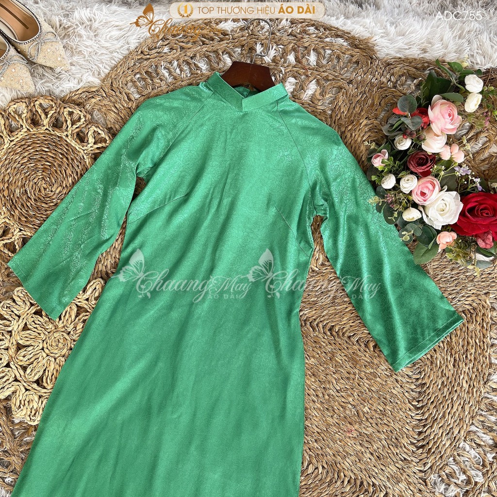 Áo dài cách tân nữ gấm xanh lá dáng suông xưa Chaang may sẵn áo dài bầu xuông rộng dự tiệc cưới lễ tết đẹp ADC755