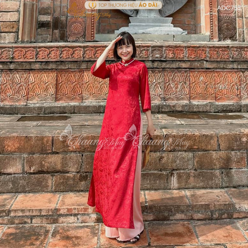 Áo dài cách tân nữ gấm đỏ tươi dáng suông xưa Chaang may sẵn áo dài bầu xuông rộng dự tiệc cưới lễ tết đẹp ADC755
