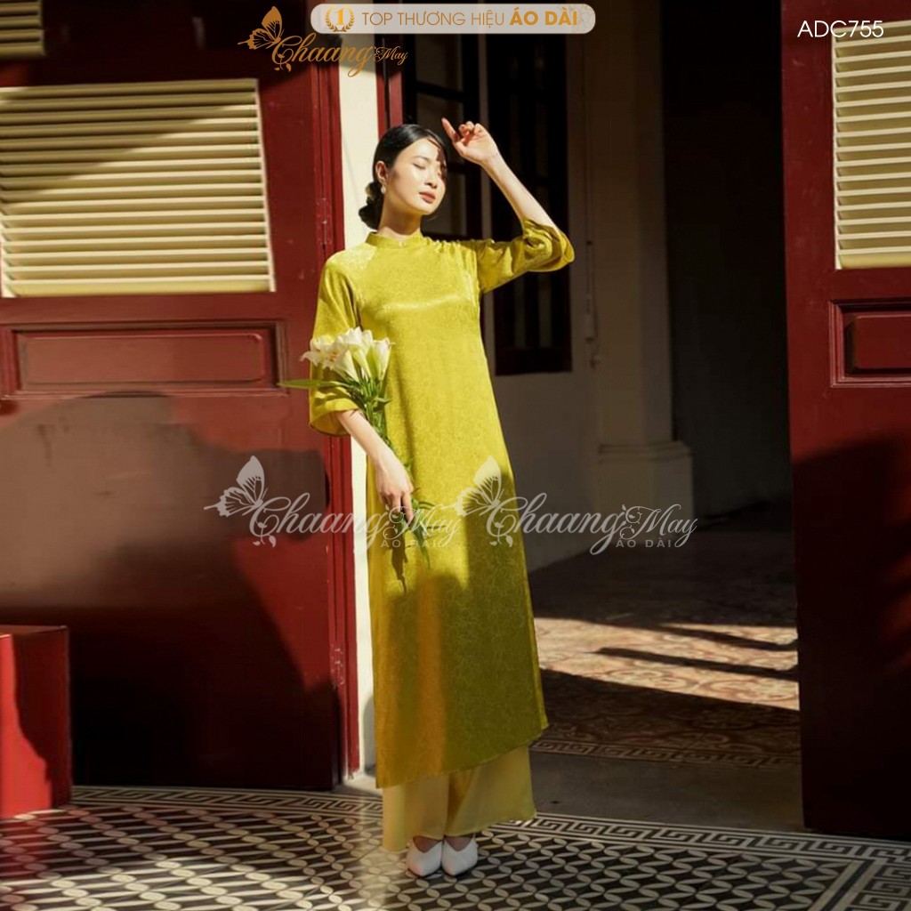Áo dài cách tân nữ gấm xanh cốm dáng suông xưa Chaang may sẵn áo dài bầu xuông rộng dự tiệc cưới lễ tết đẹp ADC755
