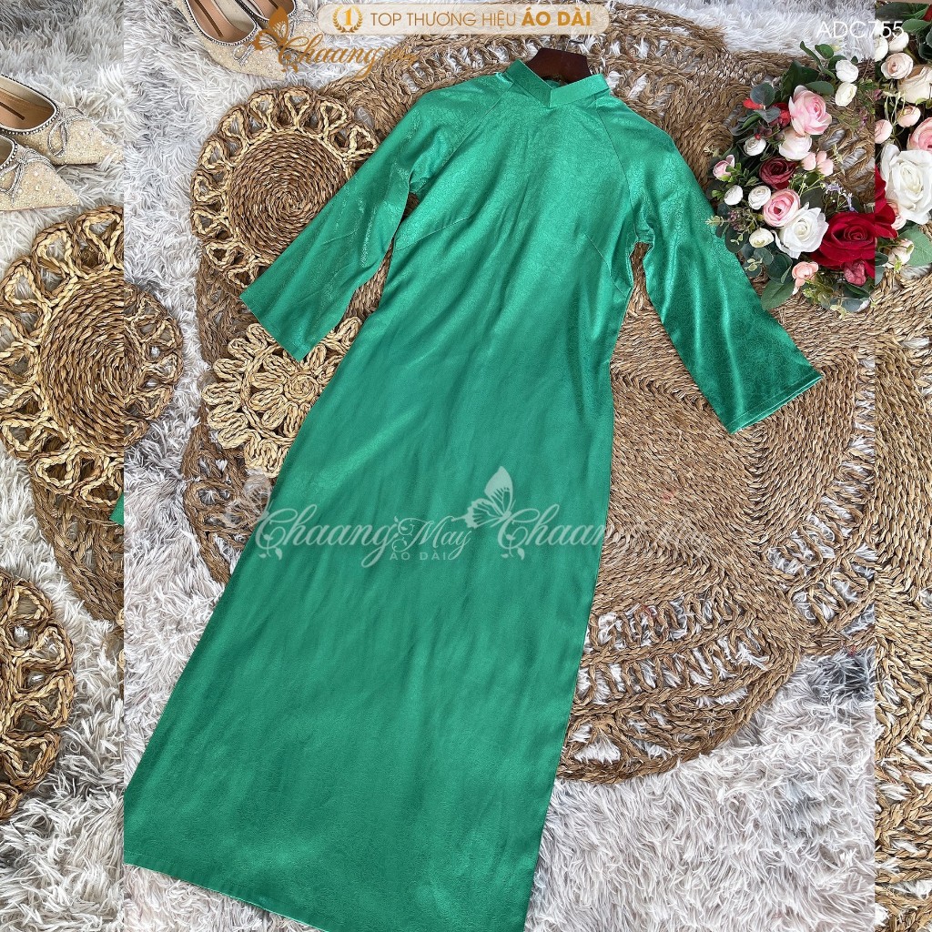 Áo dài cách tân nữ gấm xanh lá dáng suông xưa Chaang may sẵn áo dài bầu xuông rộng dự tiệc cưới lễ tết đẹp ADC755
