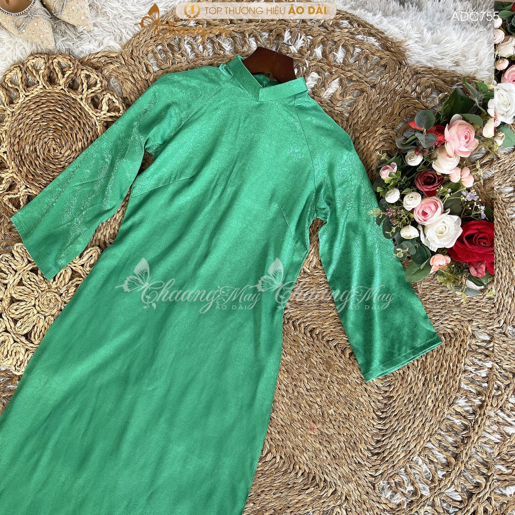 Áo dài cách tân nữ gấm xanh lá dáng suông xưa Chaang may sẵn áo dài bầu xuông rộng dự tiệc cưới lễ tết đẹp ADC755