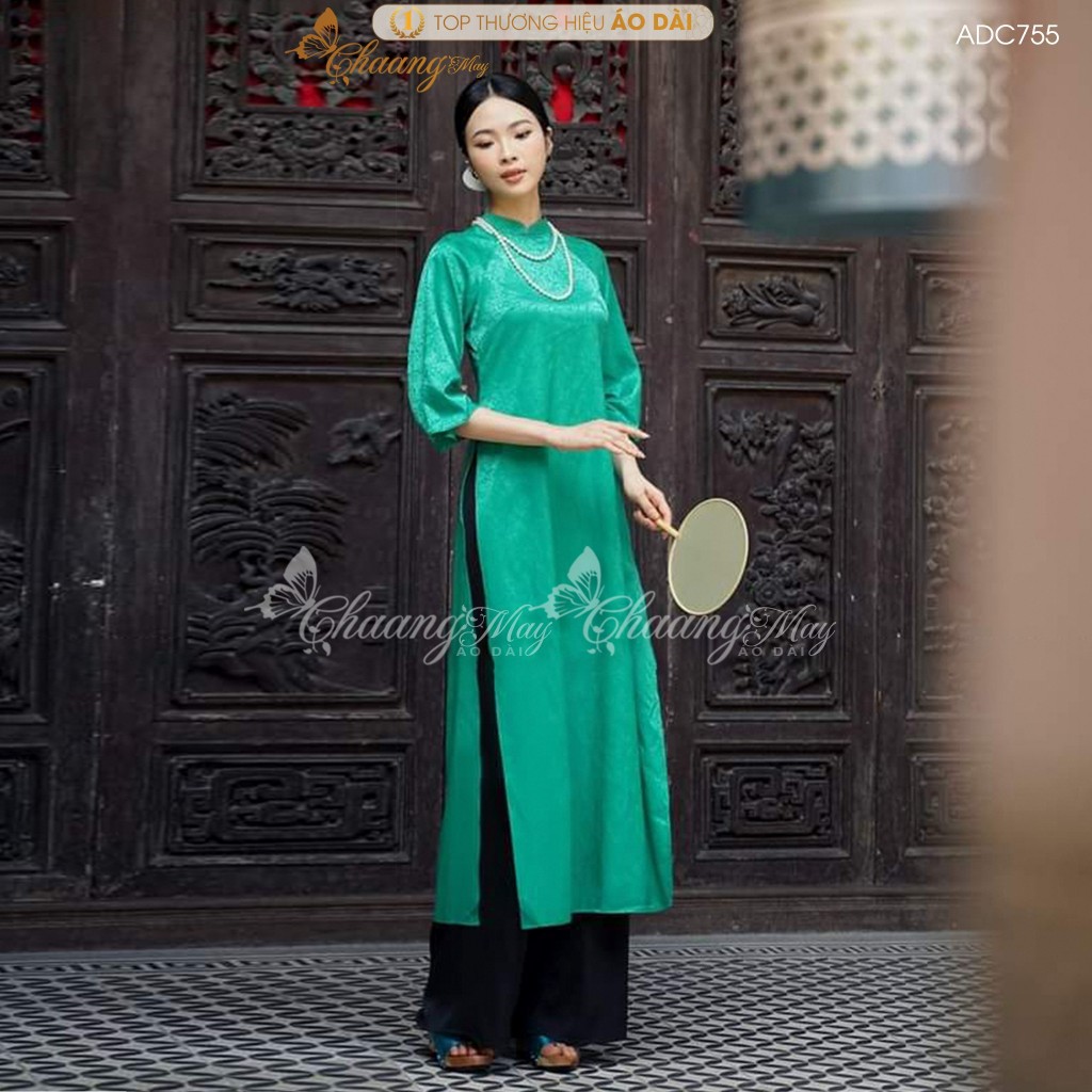 Áo dài cách tân nữ gấm xanh lá dáng suông xưa Chaang may sẵn áo dài bầu xuông rộng dự tiệc cưới lễ tết đẹp ADC755