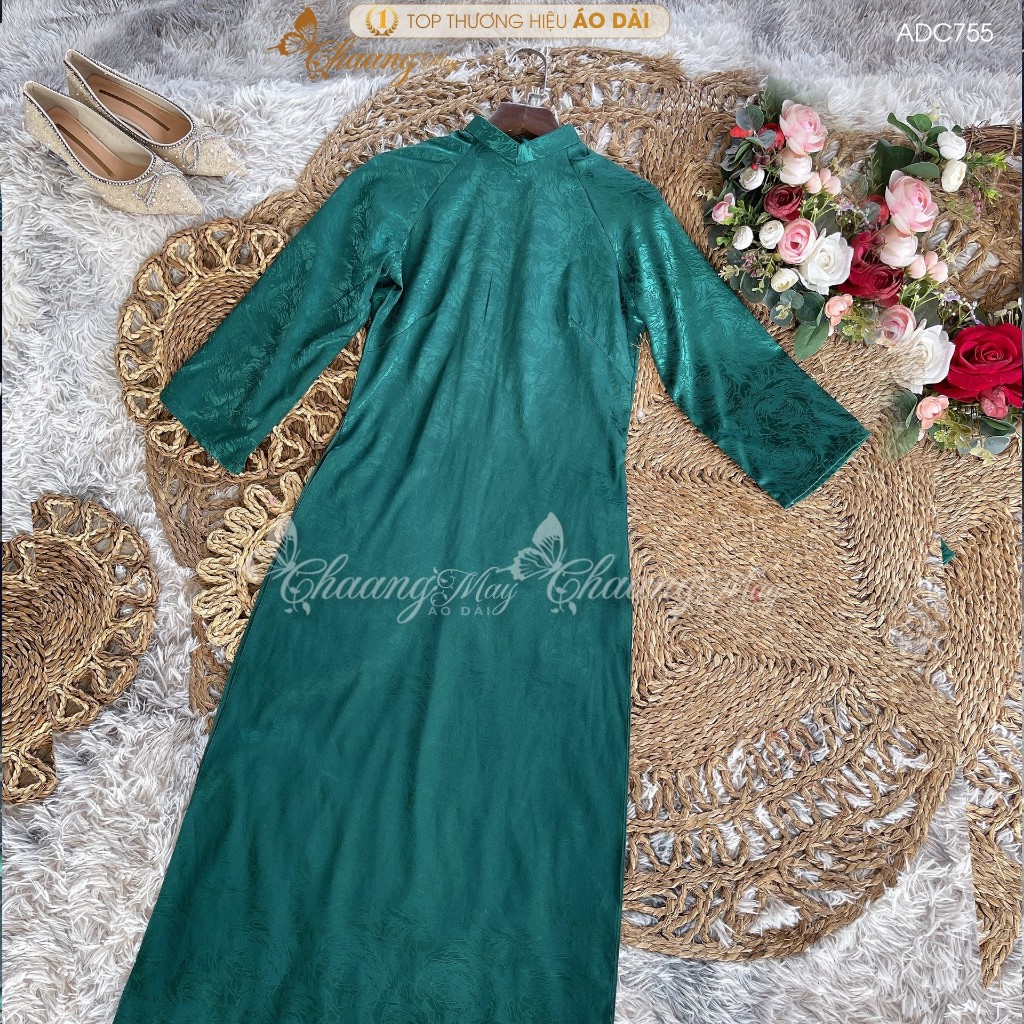 Áo dài cách tân nữ gấm xanh rêu dáng suông xưa Chaang may sẵn áo dài bầu xuông rộng dự tiệc cưới lễ tết đẹp ADC755