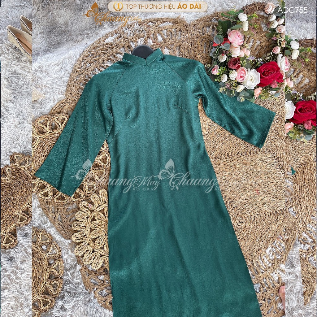 Áo dài cách tân nữ gấm xanh rêu dáng suông xưa Chaang may sẵn áo dài bầu xuông rộng dự tiệc cưới lễ tết đẹp ADC755
