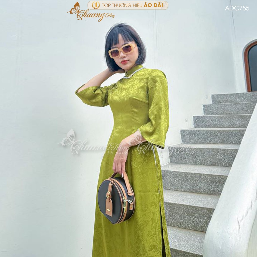 Áo dài cách tân nữ gấm xanh cốm dáng suông xưa Chaang may sẵn áo dài bầu xuông rộng dự tiệc cưới lễ tết đẹp ADC755