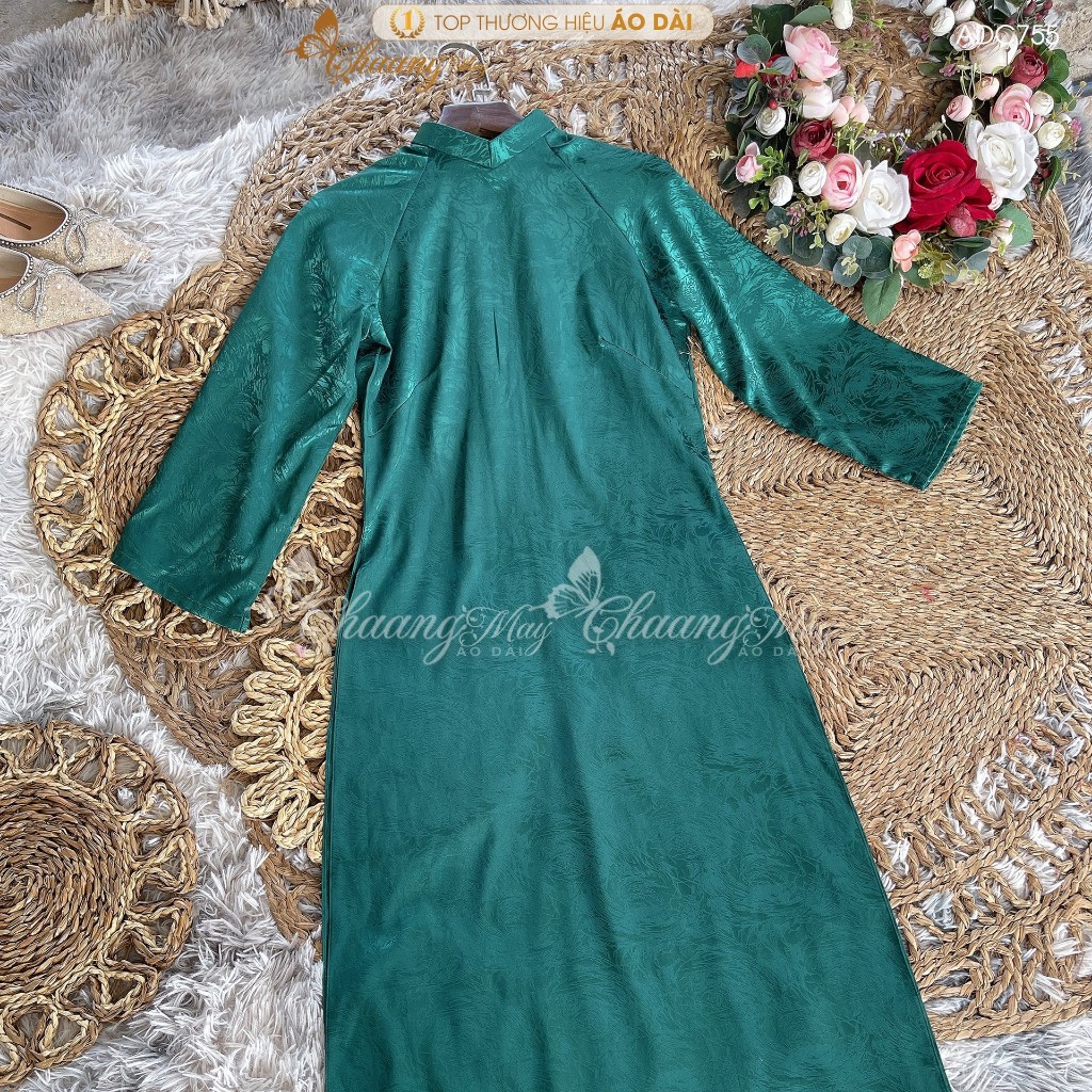 Áo dài cách tân nữ gấm xanh rêu dáng suông xưa Chaang may sẵn áo dài bầu xuông rộng dự tiệc cưới lễ tết đẹp ADC755