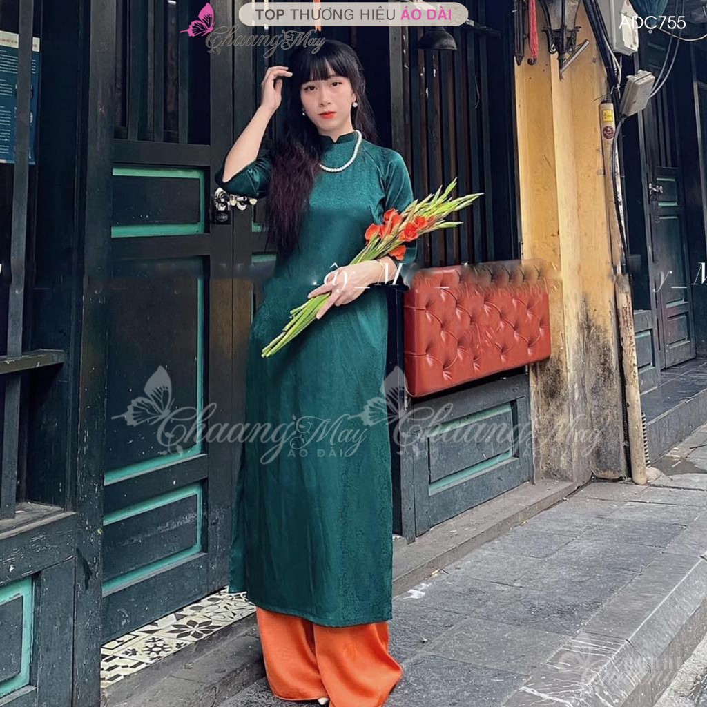 Áo dài cách tân nữ gấm xanh rêu dáng suông xưa Chaang may sẵn áo dài bầu xuông rộng dự tiệc cưới lễ tết đẹp ADC755