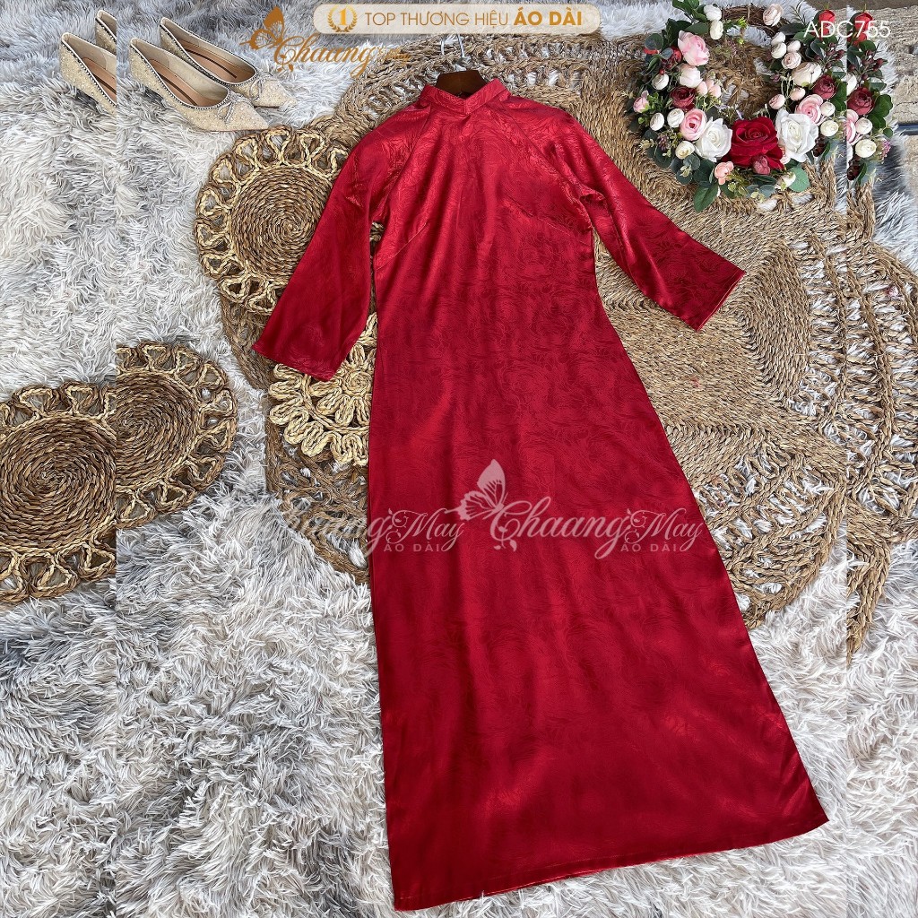 Áo dài cách tân nữ gấm đỏ tươi dáng suông xưa Chaang may sẵn áo dài bầu xuông rộng dự tiệc cưới lễ tết đẹp ADC755
