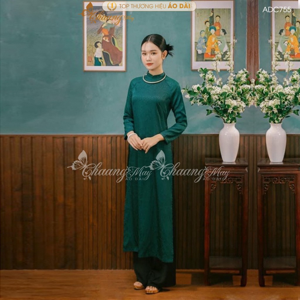 Áo dài cách tân nữ gấm xanh rêu dáng suông xưa Chaang may sẵn áo dài bầu xuông rộng dự tiệc cưới lễ tết đẹp ADC755