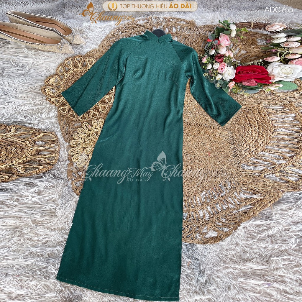 Áo dài cách tân nữ gấm xanh rêu dáng suông xưa Chaang may sẵn áo dài bầu xuông rộng dự tiệc cưới lễ tết đẹp ADC755