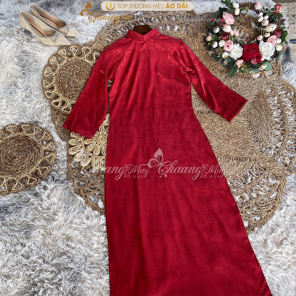 Áo dài cách tân nữ gấm đỏ tươi dáng suông xưa Chaang may sẵn áo dài bầu xuông rộng dự tiệc cưới lễ tết đẹp ADC755