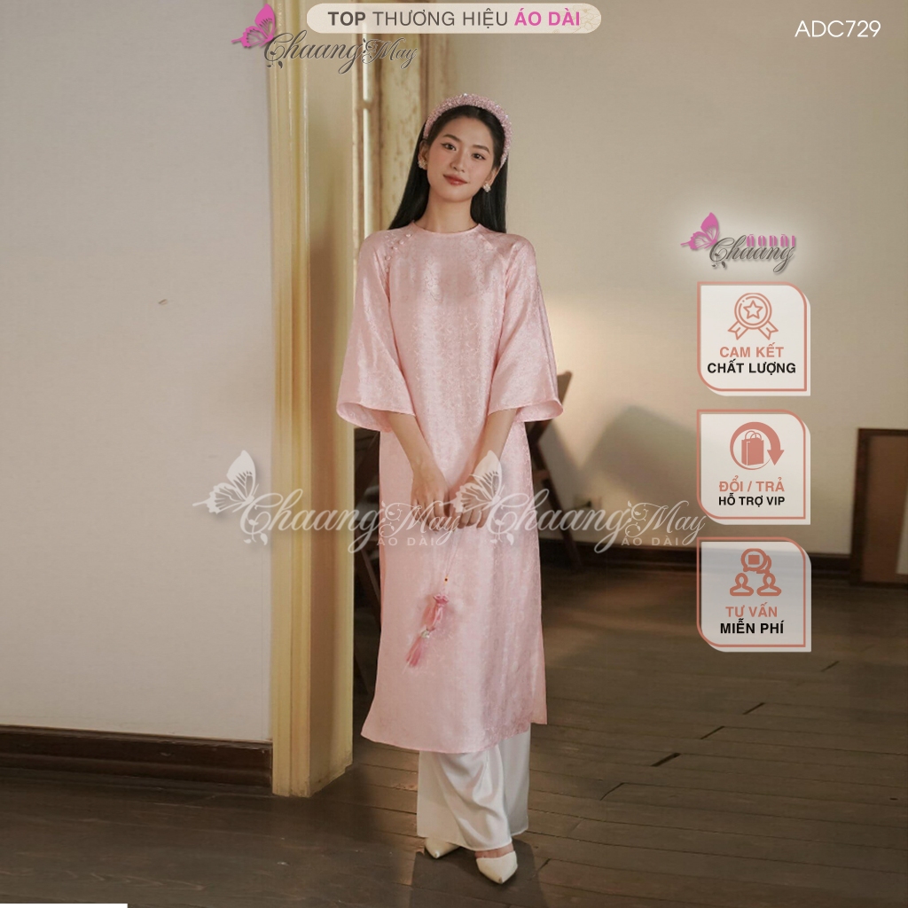 Áo dài gấm cách tân nữ cổ tròn dáng suông xưa Chaang may sẵn áo dài xuông bầu dễ mặc dự tiệc cưới hỏi lễ tết đẹp ADC756