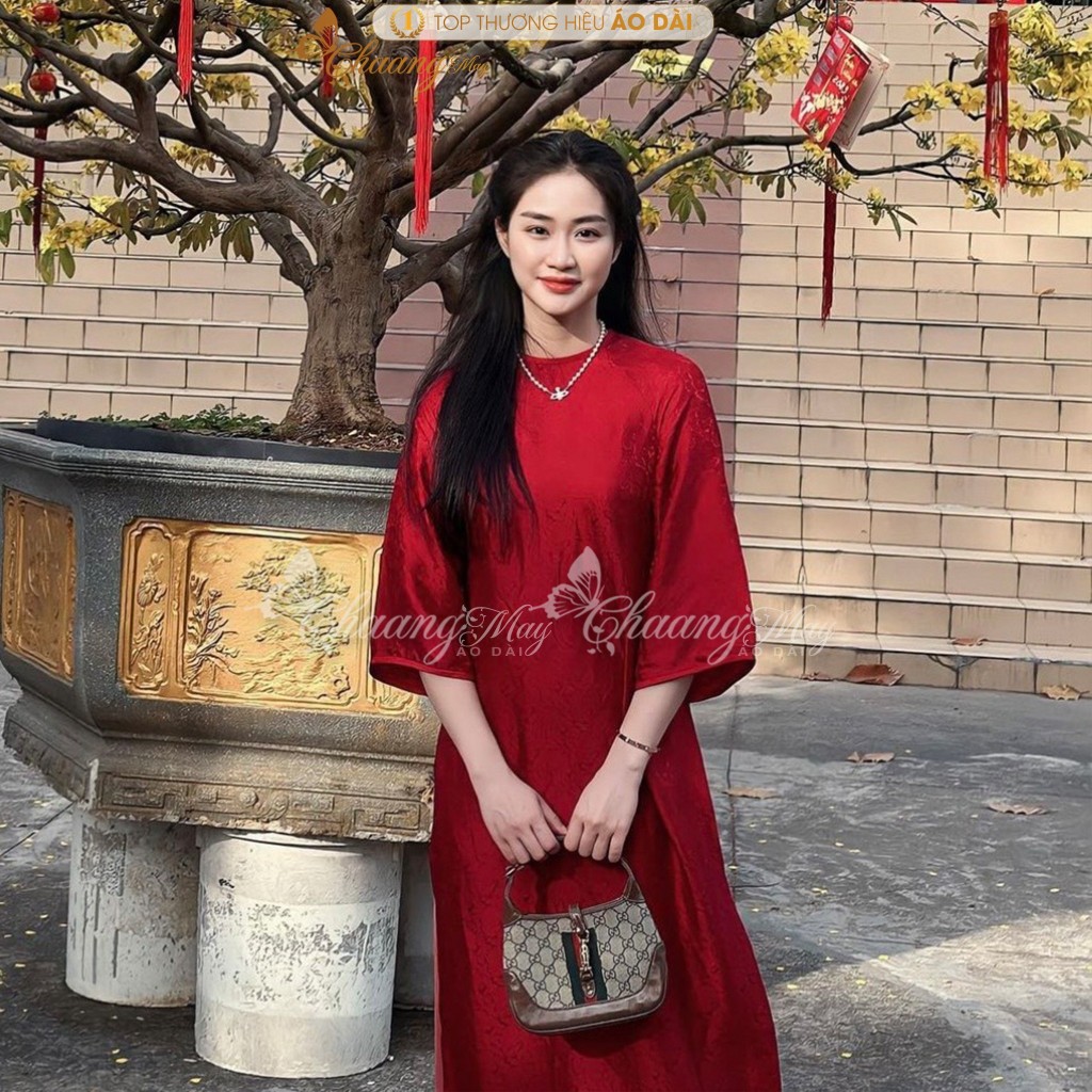 Áo dài dáng suông xưa cách tân nữ gấm đỏ đô cổ tròn Chaang may sẵn áo dài xuông bầu dự tiệc cưới hỏi lễ tết đẹp ADC756