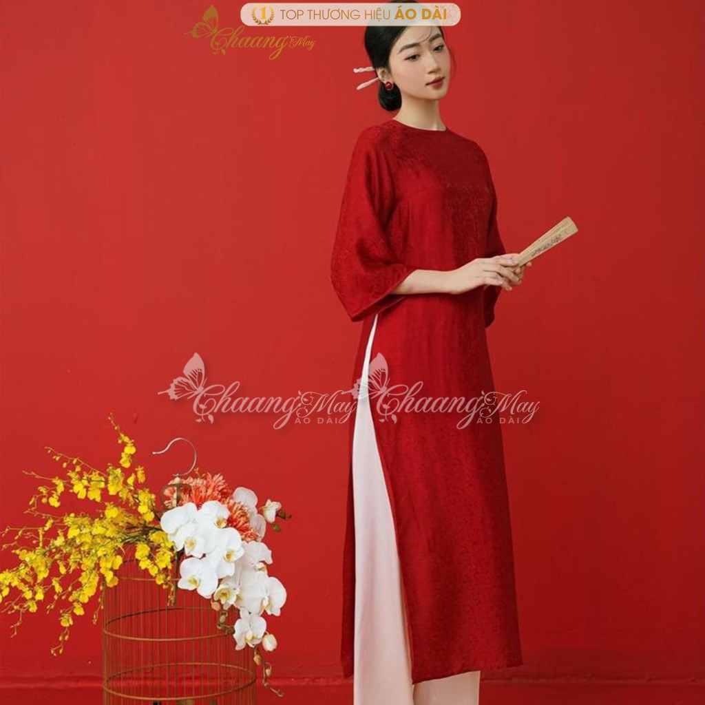Áo dài dáng suông xưa cách tân nữ gấm đỏ đô cổ tròn Chaang may sẵn áo dài xuông bầu dự tiệc cưới hỏi lễ tết đẹp ADC756