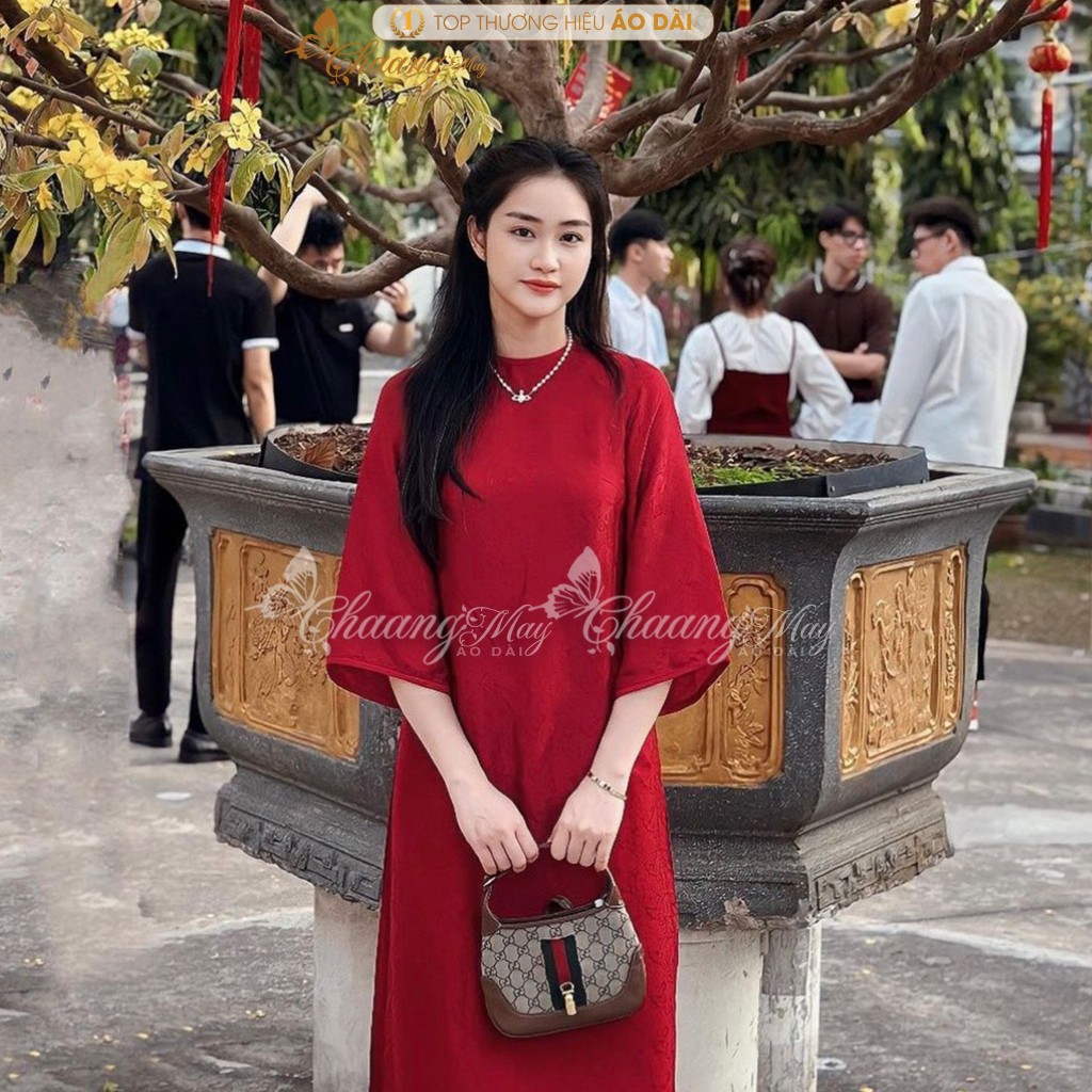 Áo dài dáng suông xưa cách tân nữ gấm đỏ đô cổ tròn Chaang may sẵn áo dài xuông bầu dự tiệc cưới hỏi lễ tết đẹp ADC756