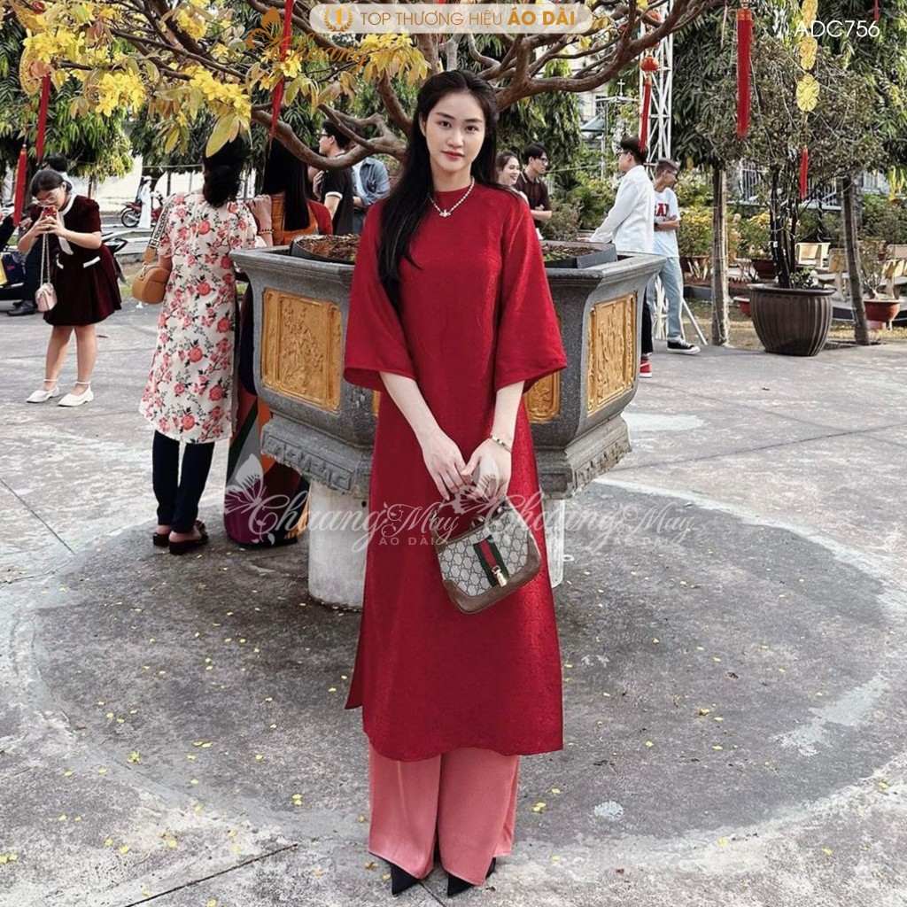 Áo dài dáng suông xưa cách tân nữ gấm đỏ đô cổ tròn Chaang may sẵn áo dài xuông bầu dự tiệc cưới hỏi lễ tết đẹp ADC756