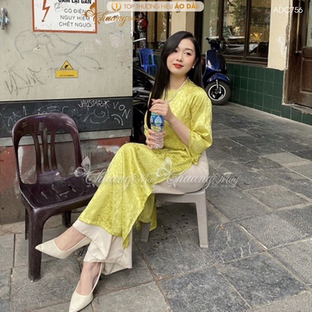 Áo dài dáng suông xưa cách tân nữ gấm xanh cốm Chaang may sẵn áo dài xuông bà bầu dự tiệc cưới hỏi lễ tết đẹp ADC756