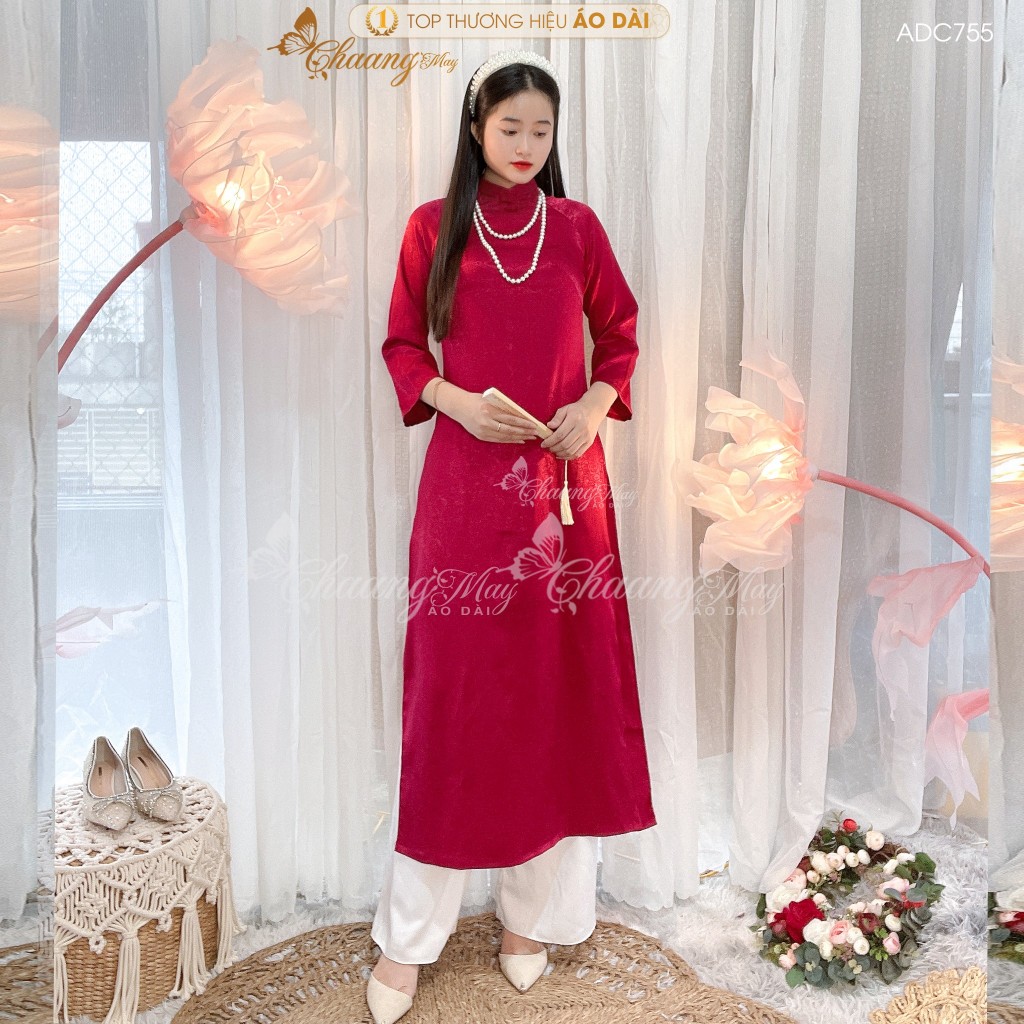 Áo dài cách tân nữ gấm đỏ đô tươi dáng suông xưa Chaang may sẵn áo dài bầu xuông rộng dự tiệc cưới lễ tết đẹp ADC755