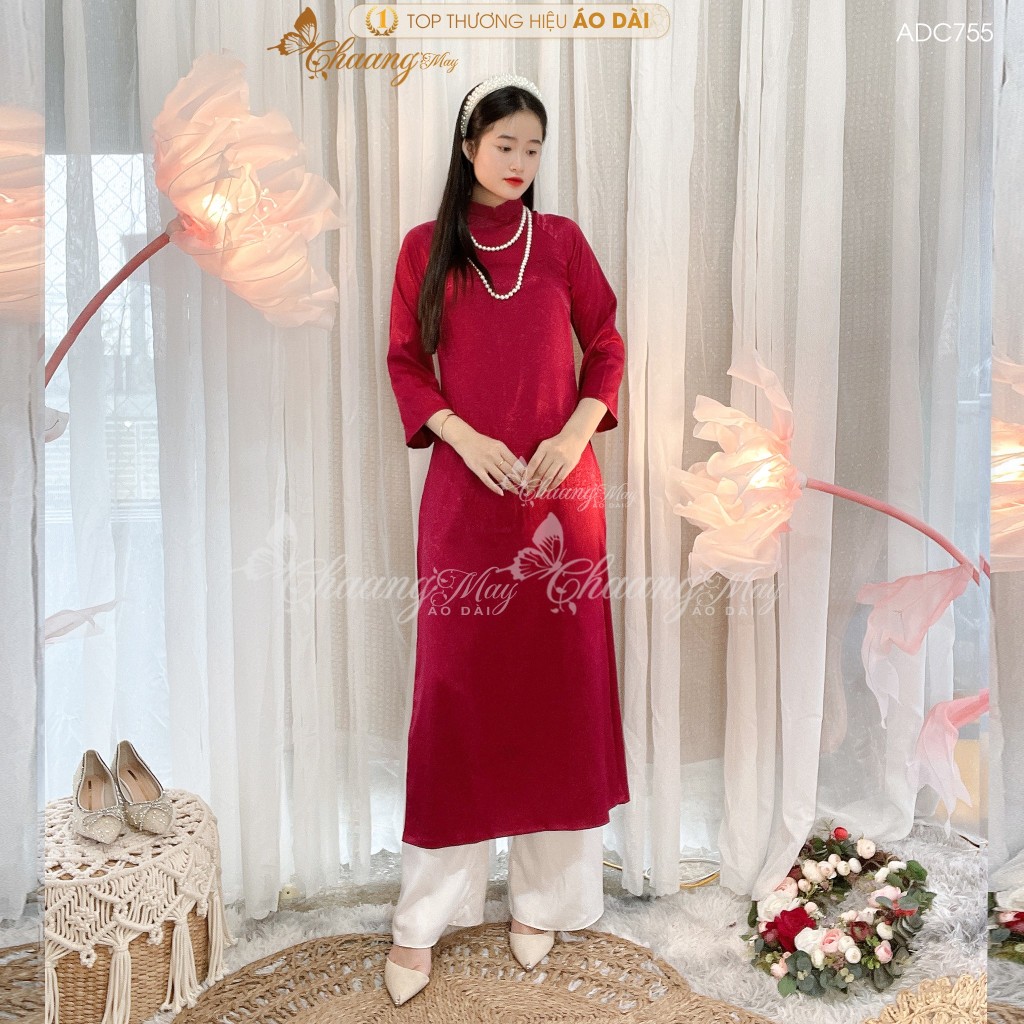 Áo dài cách tân nữ gấm đỏ đô tươi dáng suông xưa Chaang may sẵn áo dài bầu xuông rộng dự tiệc cưới lễ tết đẹp ADC755