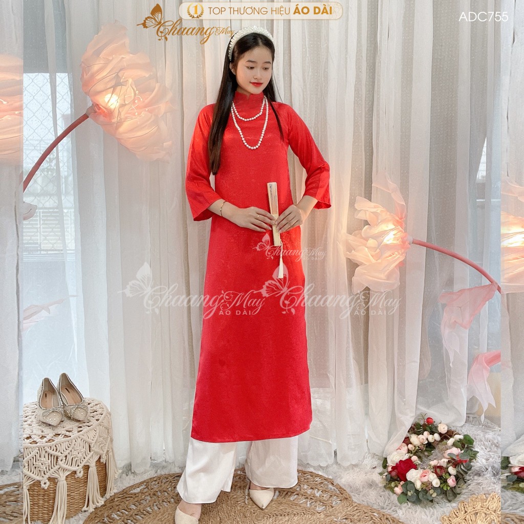 Áo dài cách tân nữ gấm đỏ đô tươi dáng suông xưa Chaang may sẵn áo dài bầu xuông rộng dự tiệc cưới lễ tết đẹp ADC755