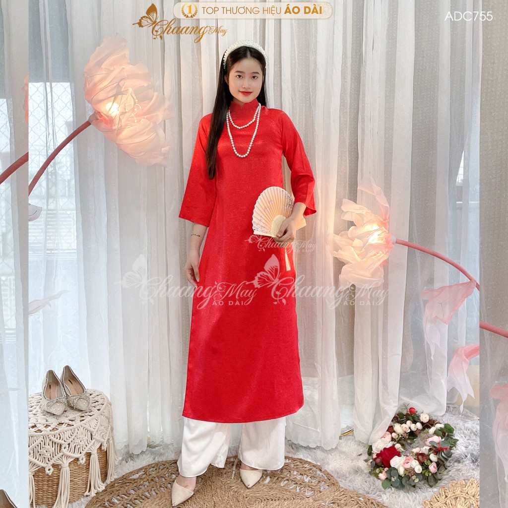 Áo dài cách tân nữ gấm đỏ đô tươi dáng suông xưa Chaang may sẵn áo dài bầu xuông rộng dự tiệc cưới lễ tết đẹp ADC755