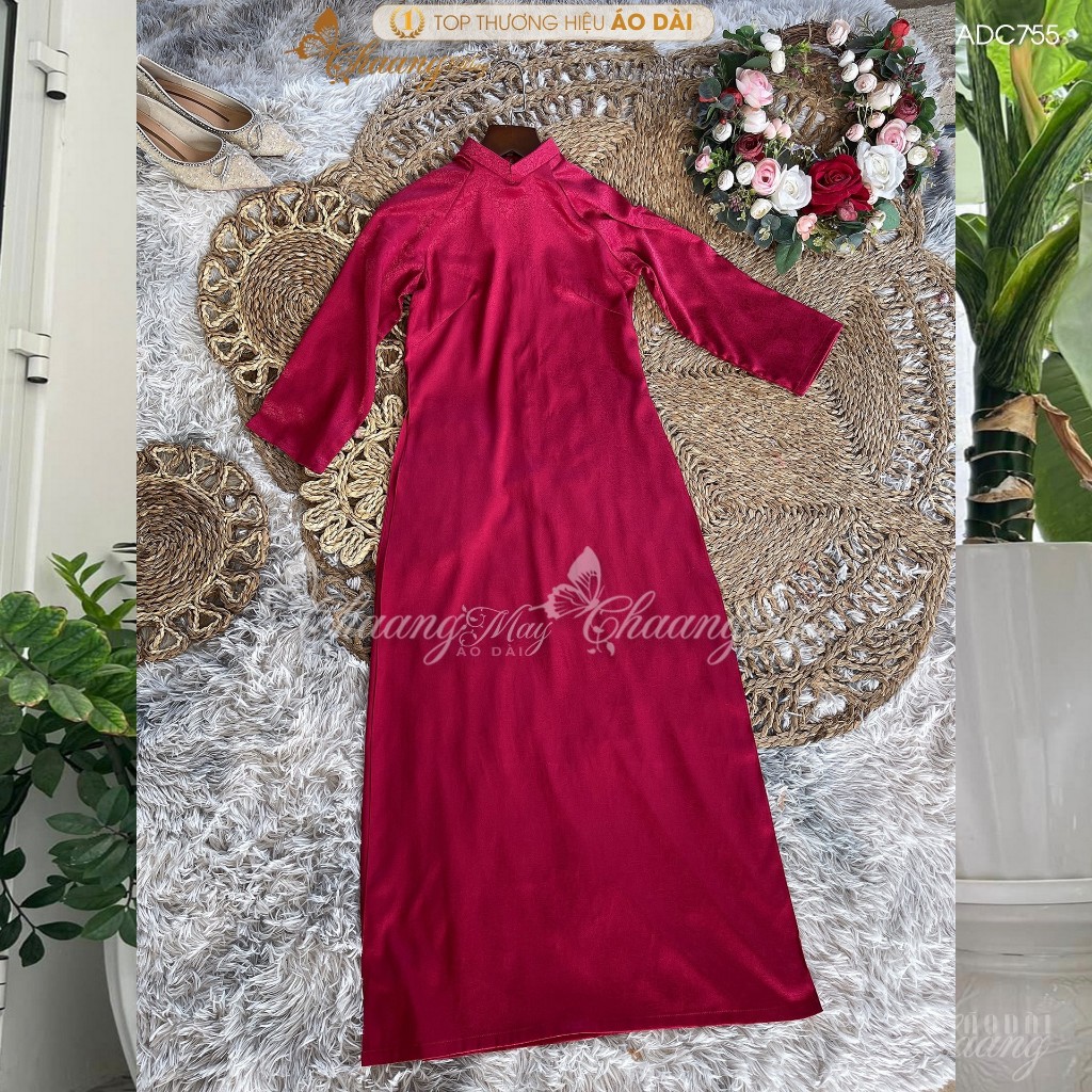 Áo dài cách tân nữ gấm đỏ đô tươi dáng suông xưa Chaang may sẵn áo dài bầu xuông rộng dự tiệc cưới lễ tết đẹp ADC755
