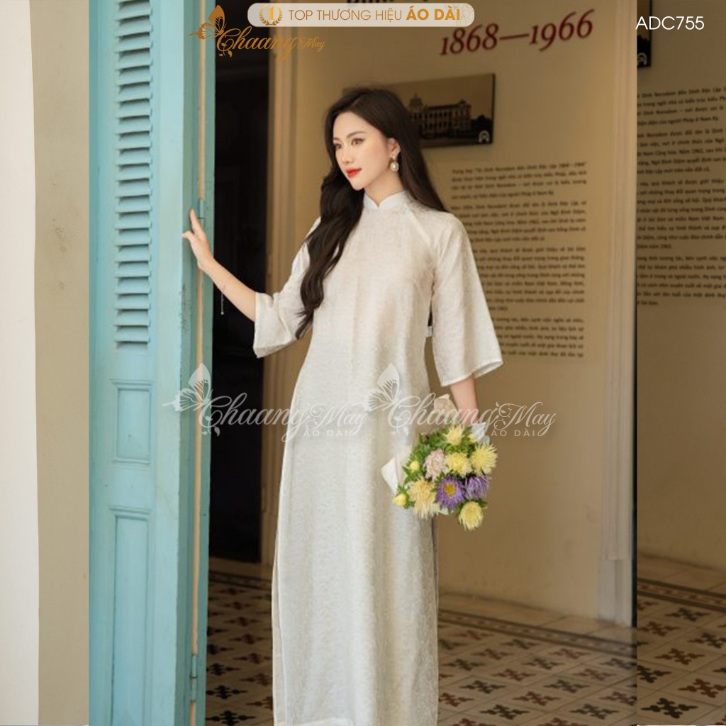 Áo dài trắng cách tân nữ gấm tơ dáng suông xưa Chaang may sẵn áo dài bầu xuông rộng dự tiệc cưới lễ tết đẹp ADC755