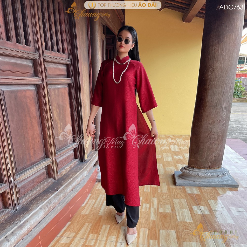 Áo dài gấm hoa gió cách tân nữ dáng suông xưa may sẵn áo dài đỏ đô xuông bầu cao cấp dự tiệc cưới lễ tết đẹp ADC763