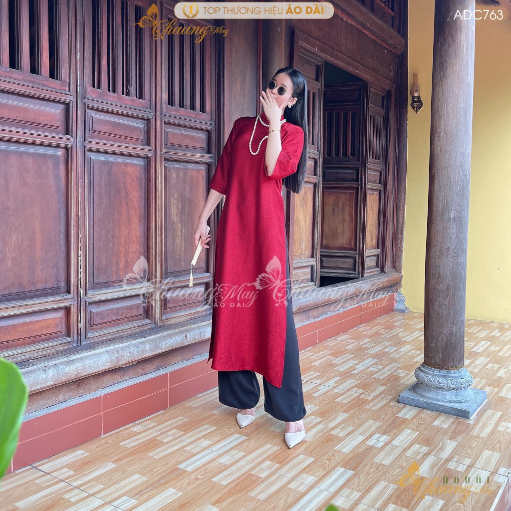 Áo dài gấm hoa gió cách tân nữ dáng suông xưa may sẵn áo dài đỏ đô xuông bầu cao cấp dự tiệc cưới lễ tết đẹp ADC763