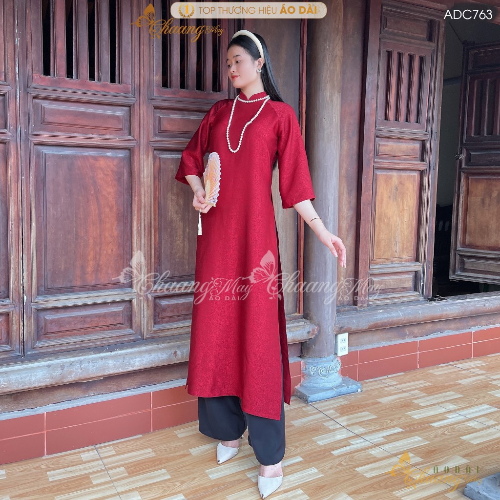 Áo dài gấm hoa gió cách tân nữ dáng suông xưa may sẵn áo dài đỏ đô xuông bầu cao cấp dự tiệc cưới lễ tết đẹp ADC763