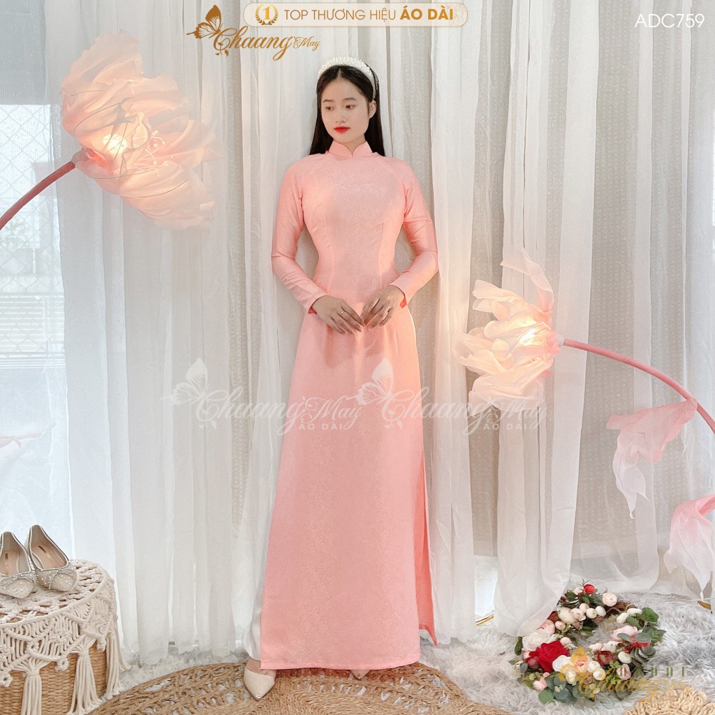 Áo dài truyền thống gấm hoa gió hồng cam Chaang may sẵn áo dài cô giáo trẻ trung niên dự tiệc cưới hỏi lễ tết đẹp ADC759