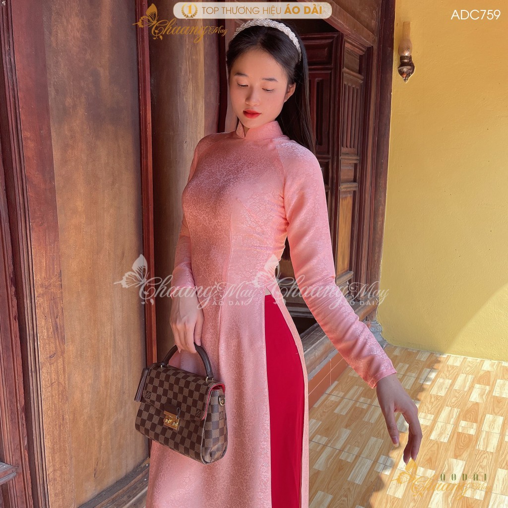 Áo dài truyền thống gấm hoa gió hồng cam Chaang may sẵn áo dài cô giáo trẻ trung niên dự tiệc cưới hỏi lễ tết đẹp ADC759