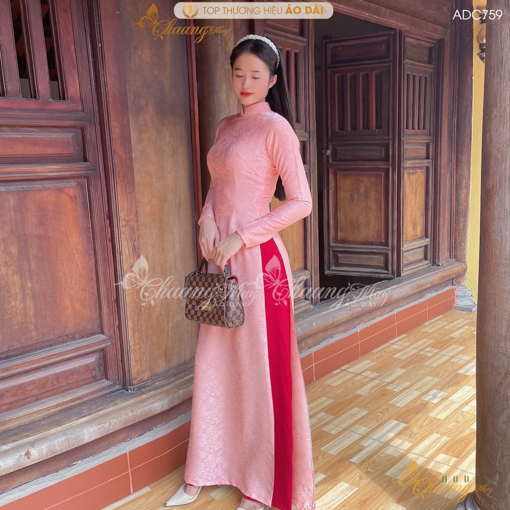 Áo dài truyền thống gấm hoa gió hồng cam Chaang may sẵn áo dài cô giáo trẻ trung niên dự tiệc cưới hỏi lễ tết đẹp ADC759