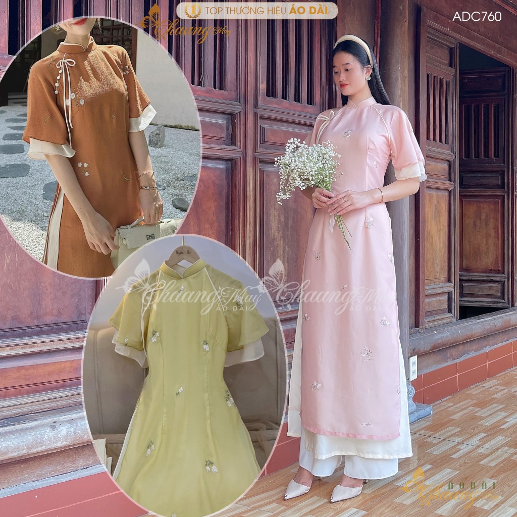 Áo dài cách tân nữ 4 tà Nghê Ni tay loe cánh tiên Chaang may sẵn áo dài lụa hoa nhí dự tiệc cưới lễ tết xinh đẹp ADC760