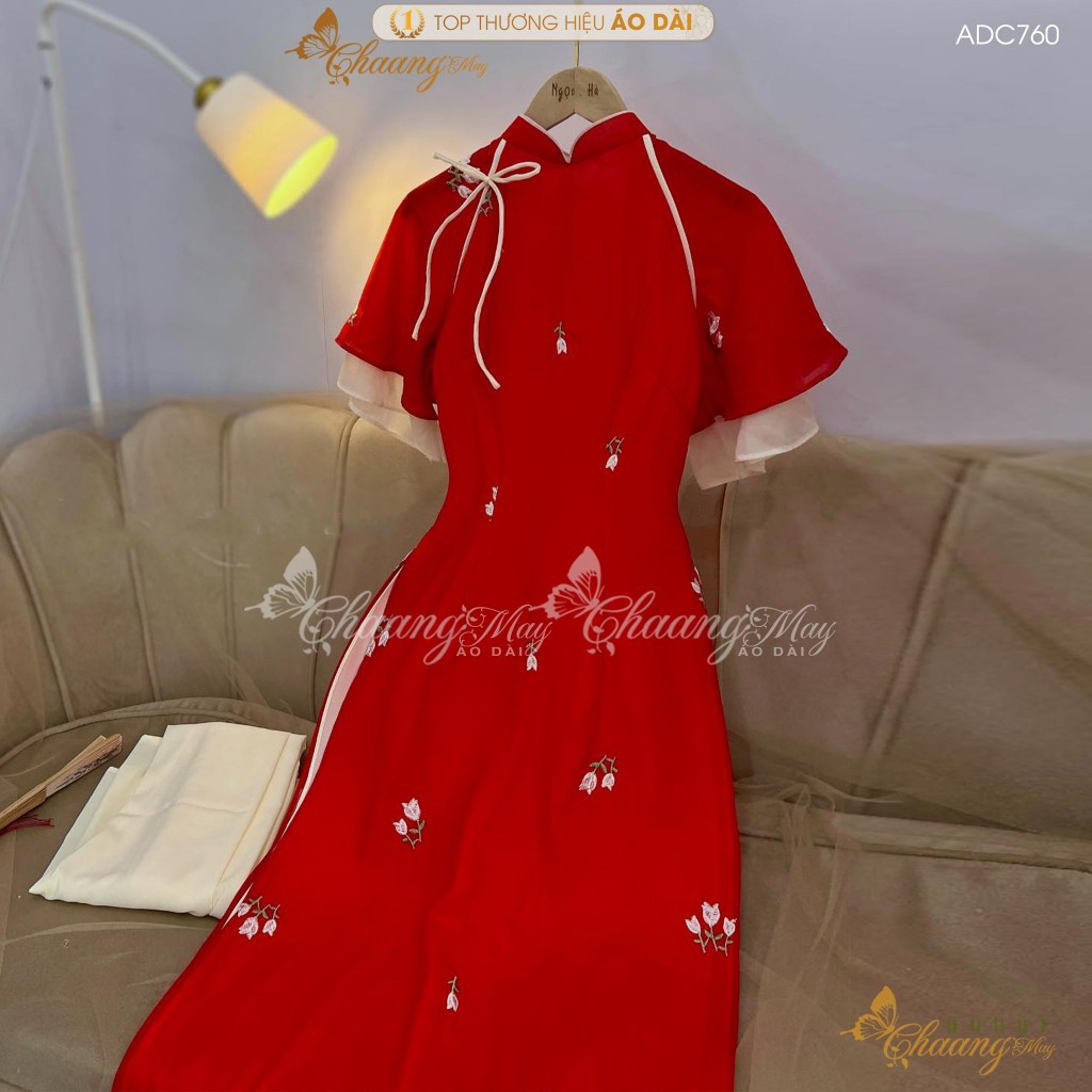 Áo dài cách tân nữ 4 tà Nghê Ni tay loe cánh tiên Chaang may sẵn áo dài lụa hoa nhí dự tiệc cưới lễ tết xinh đẹp ADC760