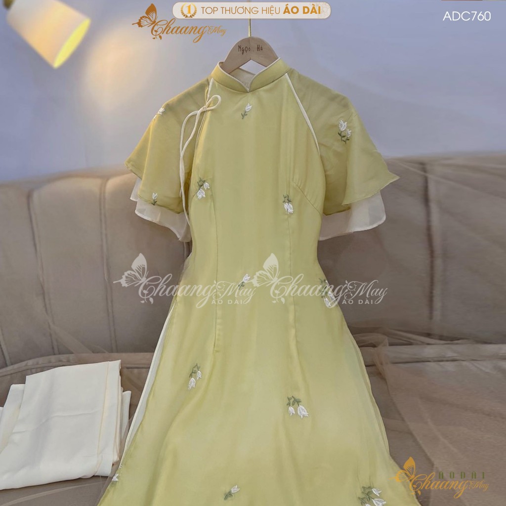 Áo dài cách tân nữ 4 tà Nghê Ni tay loe cánh tiên Chaang may sẵn áo dài lụa hoa nhí dự tiệc cưới lễ tết xinh đẹp ADC760