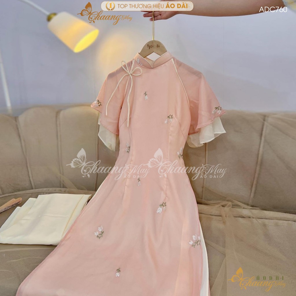 Áo dài cách tân nữ 4 tà Nghê Ni tay loe cánh tiên Chaang may sẵn áo dài lụa hoa nhí dự tiệc cưới lễ tết xinh đẹp ADC760