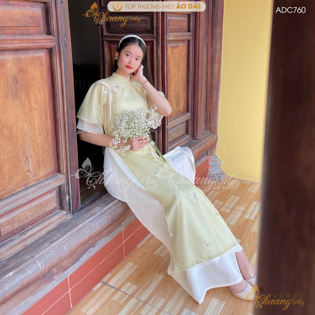 Áo dài cách tân nữ 4 tà Nghê Ni tay loe cánh tiên Chaang may sẵn áo dài lụa hoa nhí dự tiệc cưới lễ tết xinh đẹp ADC760