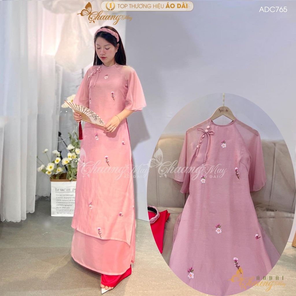 Áo dài cách tân nữ 4 tà Hinh Duyệt dáng suông xưa Chaang may sẵn áo dài lụa nơ hoa nhí dự tiệc cưới lễ tết đẹp ADC765