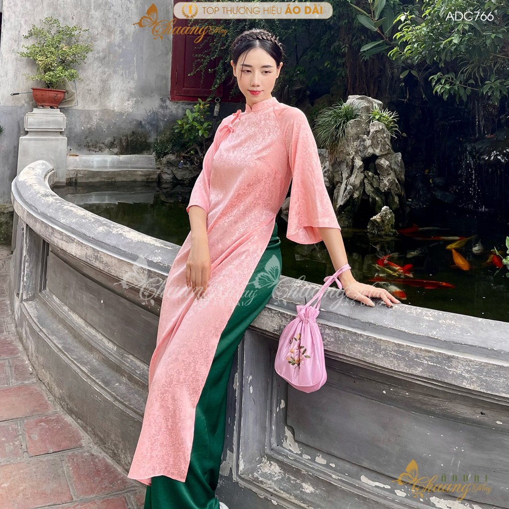 Áo dài cách tân nữ Gấm Trung Dáng Suông Xưa đính nơ Chaang may sẵn áo dài xuông bầu rộng dự tiệc cưới lễ tết đẹp ADC766