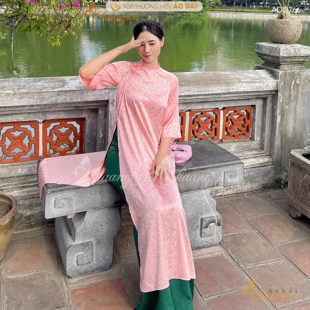 Áo dài cách tân nữ Gấm Trung Dáng Suông Xưa đính nơ Chaang may sẵn áo dài xuông bầu rộng dự tiệc cưới lễ tết đẹp ADC766
