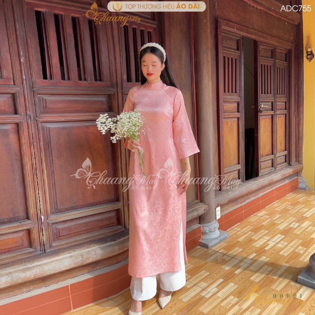 Áo dài cách tân nữ Gấm Trung Dáng Suông Xưa đính nơ Chaang may sẵn áo dài xuông bầu rộng dự tiệc cưới lễ tết đẹp ADC766