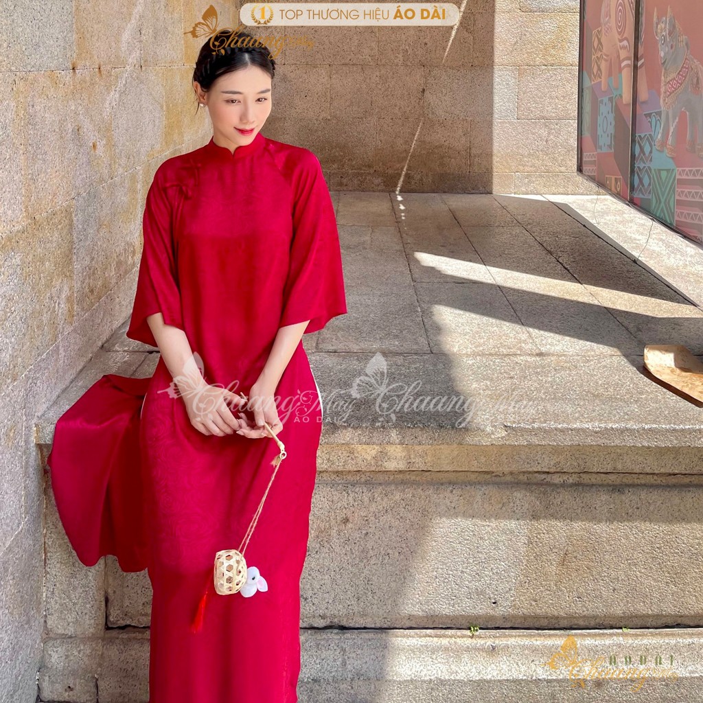 Áo dài cách tân nữ Gấm kem Trung Dáng Suông Xưa đính nơ Chaang may sẵn áo dài xuông rộng dự tiệc cưới lễ tết đẹp ADC766