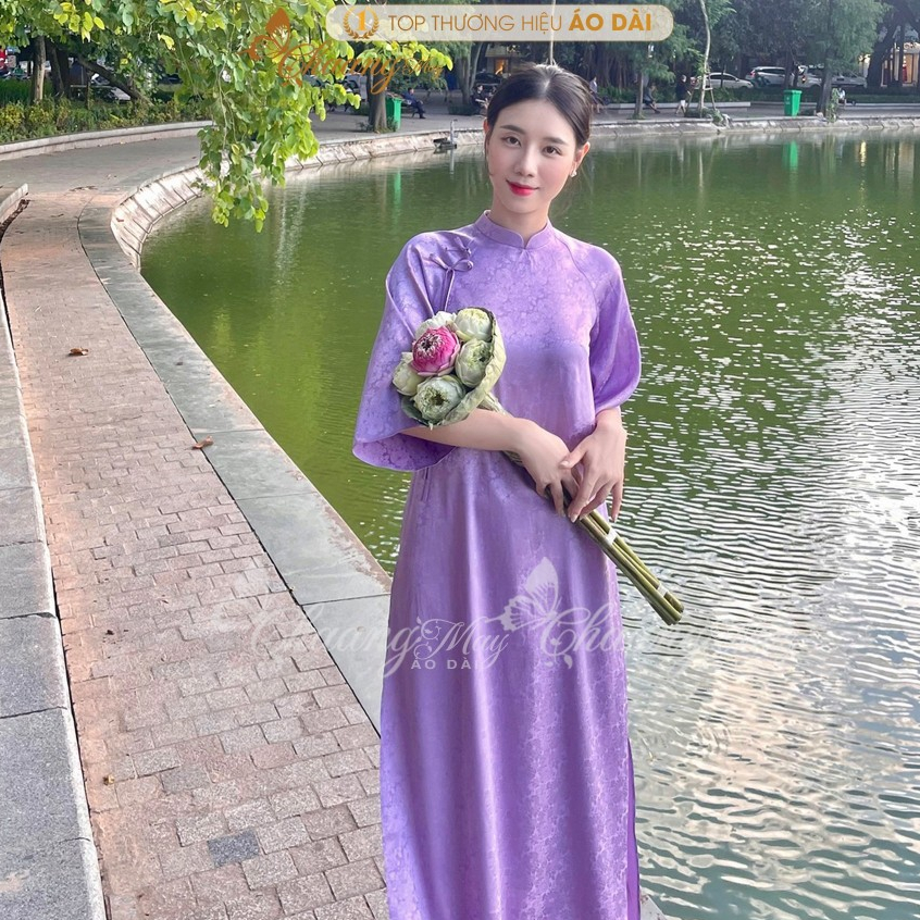 Áo dài cách tân nữ Gấm Tím Trung Dáng Suông Xưa đính nơ Chaang may sẵn áo dài xuông rộng dự tiệc cưới lễ tết đẹp ADC766