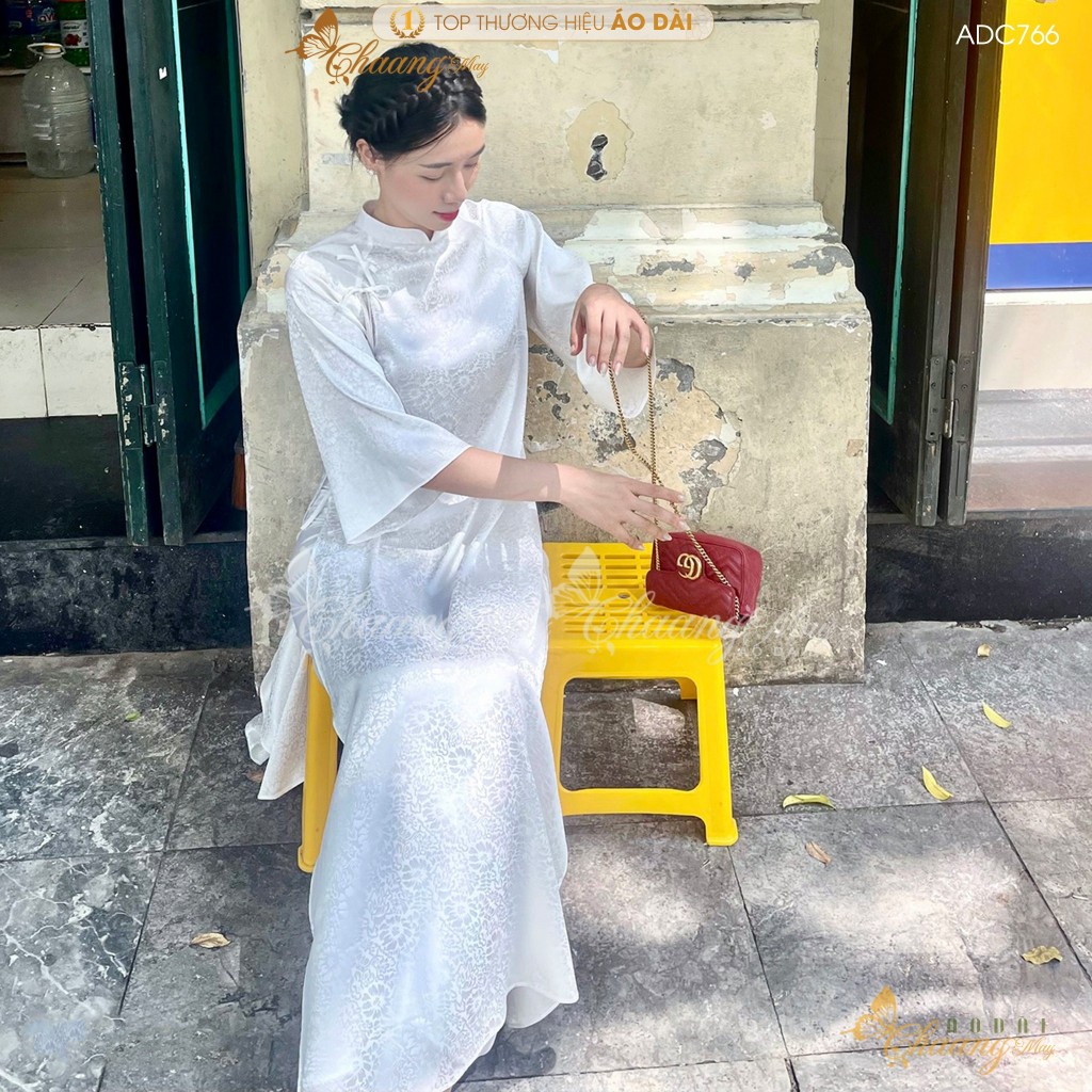 Áo dài Trắng cách tân nữ Gấm nơ Trung Dáng Suông Xưa Chaang may sẵn áo dài xuông rộng dự tiệc cưới lễ tết đẹp ADC766
